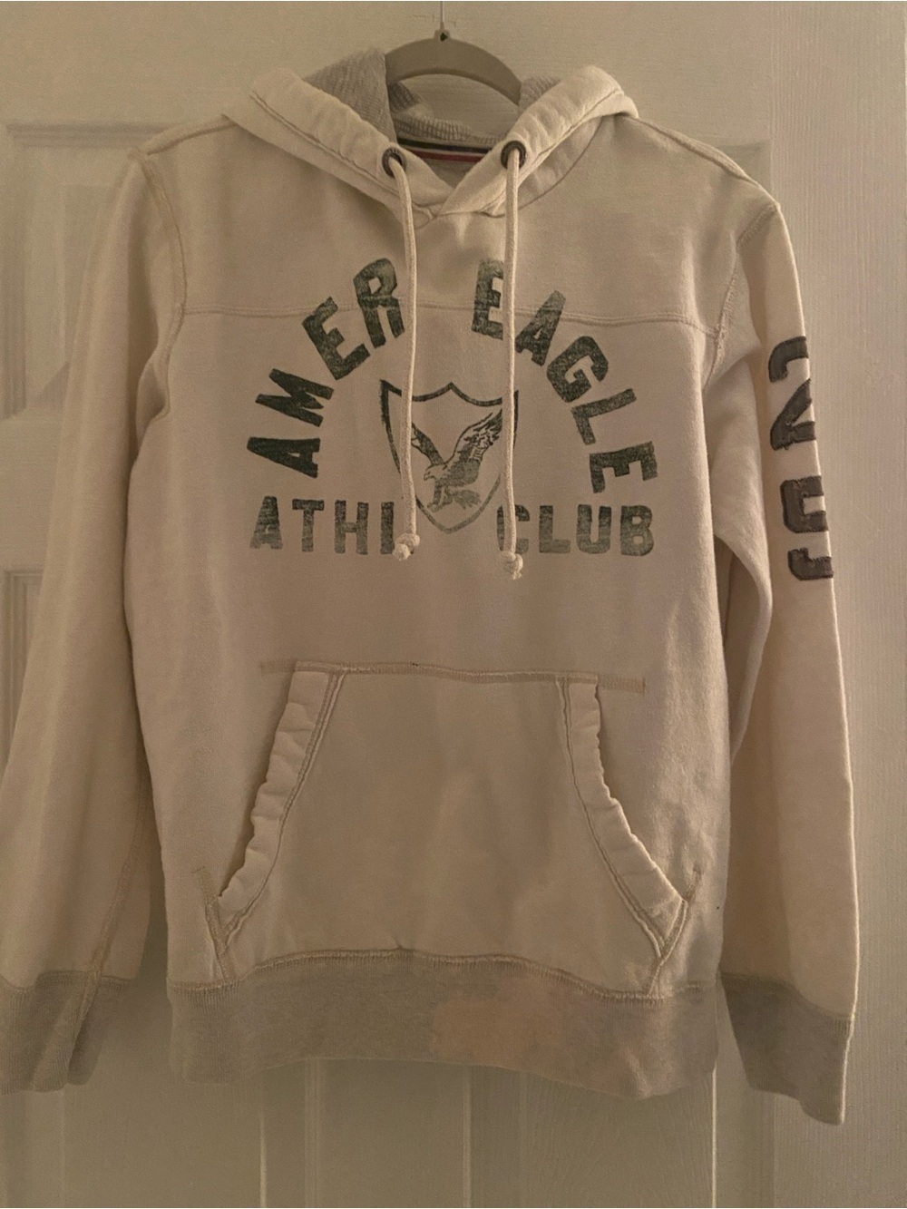 American Eagle Outfitters Cream Pullover Hoodie with Green Athletic Club Print